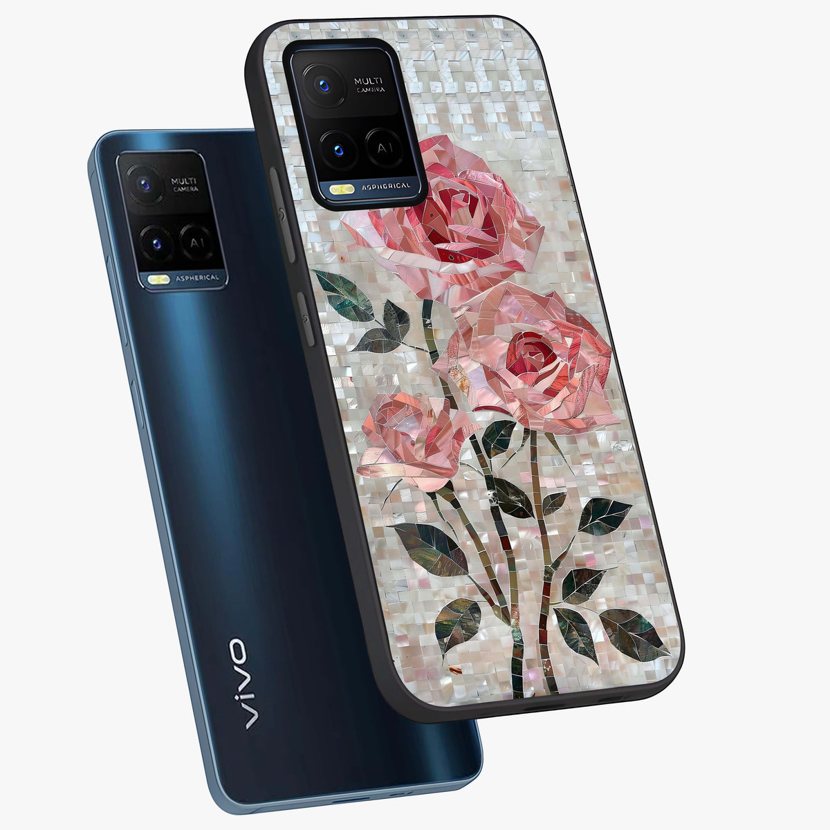 Blush Mosaic Bloom Glass Case displayed in angled mockup highlighting artistic mosaic flower pattern with aesthetic design.