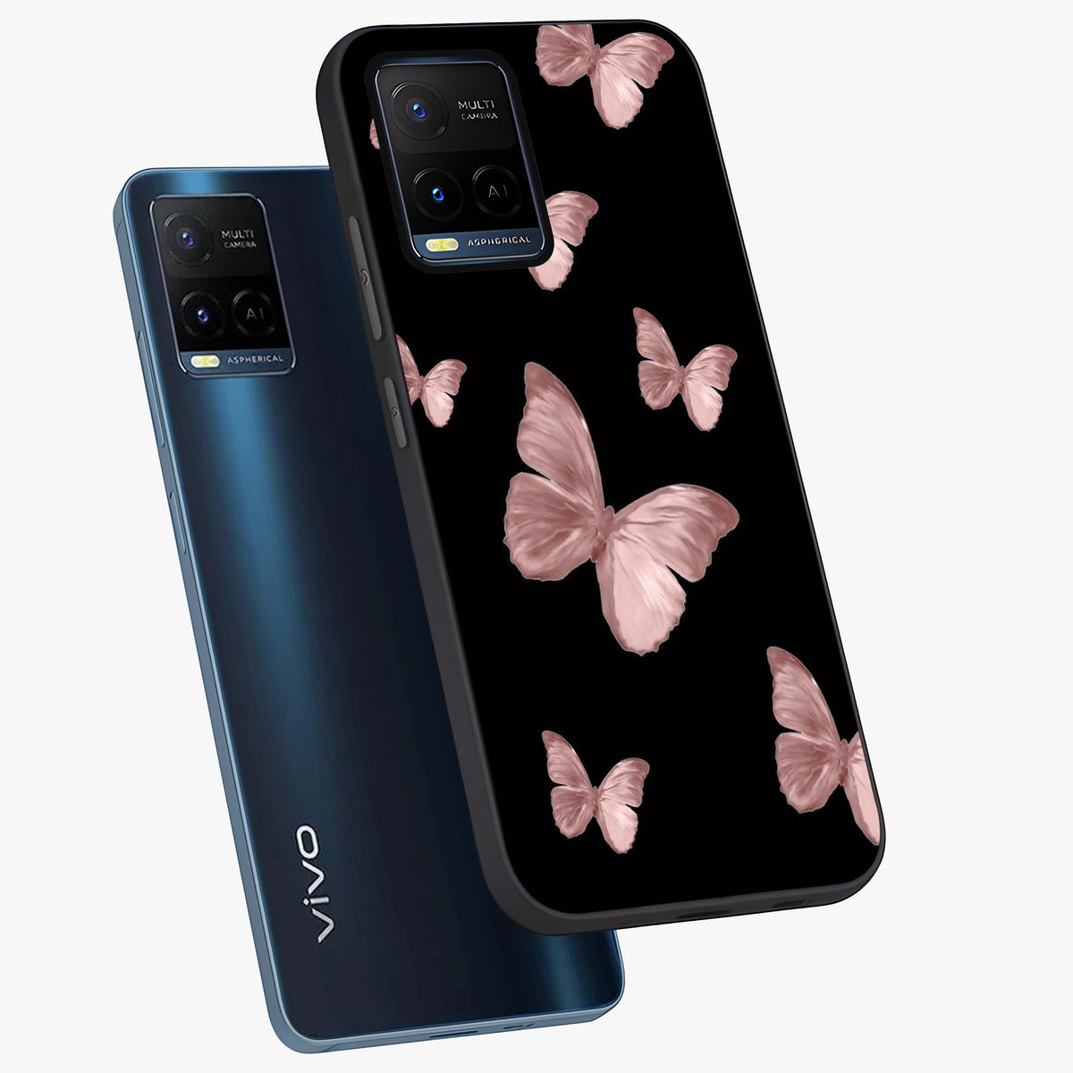 Butterfly Pattern Glass Case displayed in angled mockup highlighting delicate butterfly design and aesthetic pattern style.