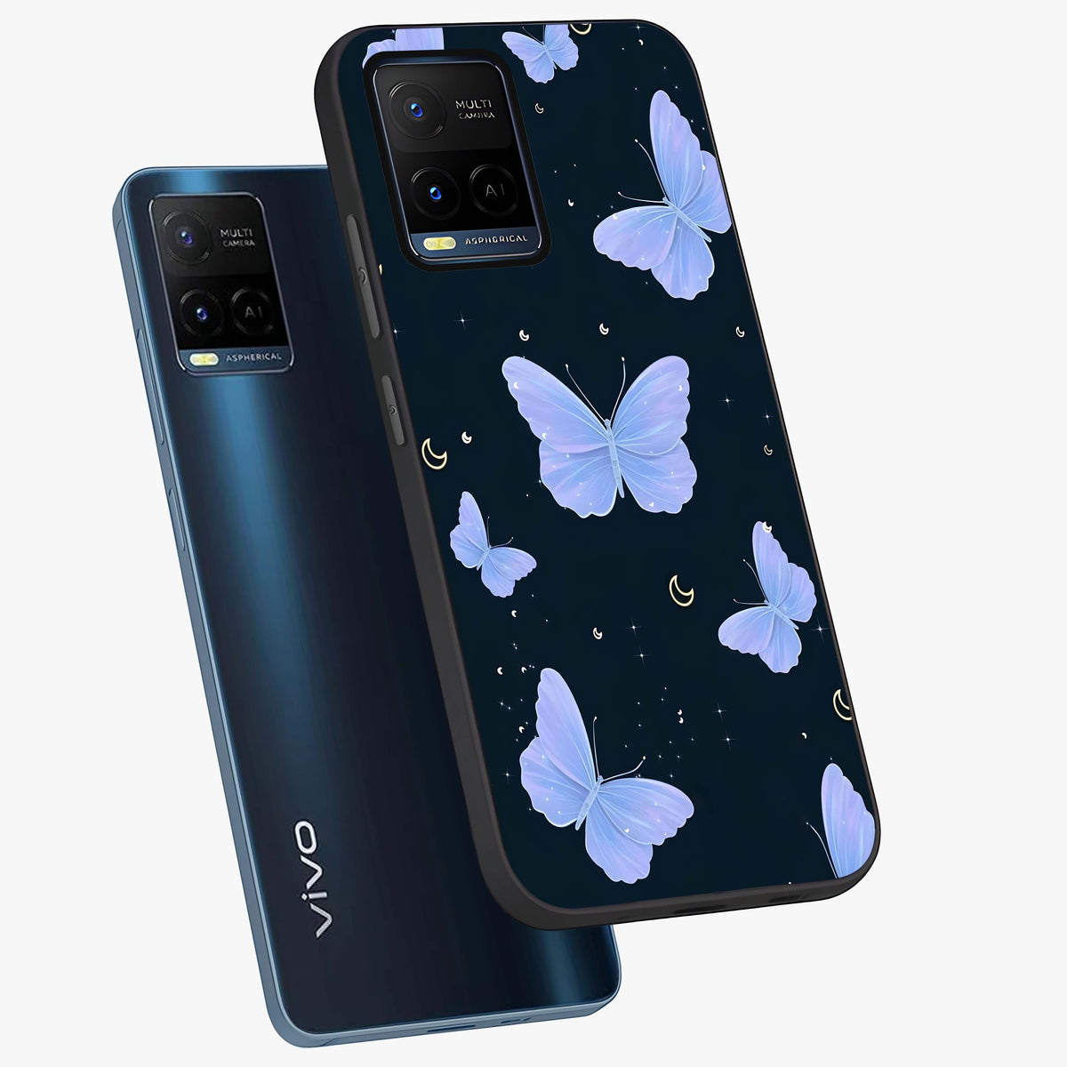 Butterfly With Stars Pattern Glass Case displayed in angled mockup highlighting dreamy butterfly and star design with aesthetic theme.