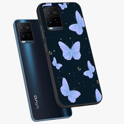 Butterfly With Stars Pattern Glass Case displayed in angled mockup highlighting dreamy butterfly and star design with aesthetic theme.