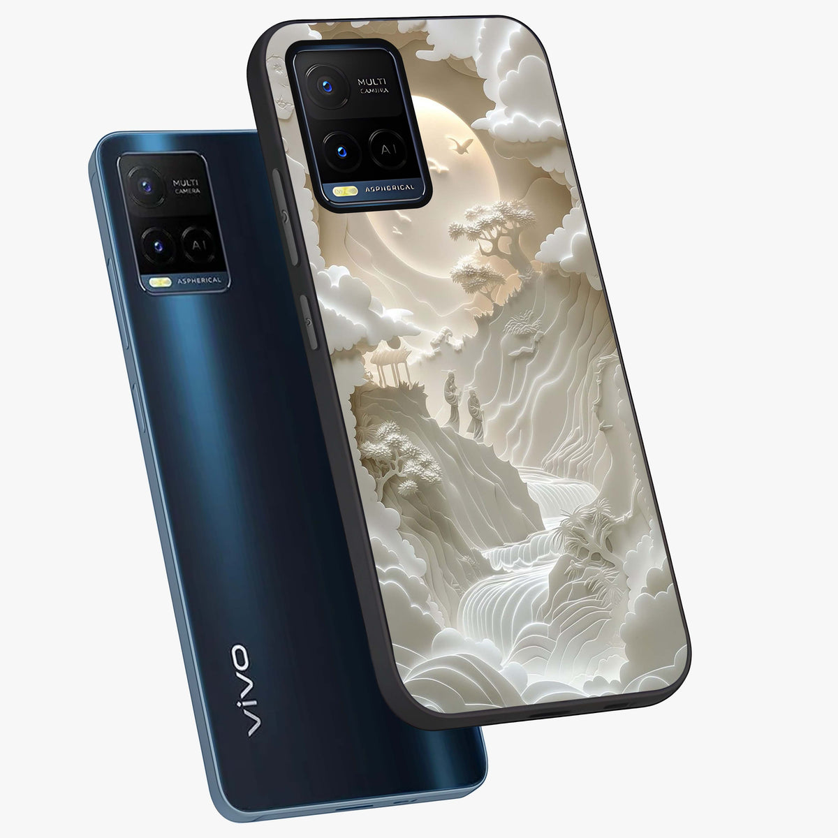 Celestial Origami Glass Case displayed in angled mockup highlighting geometric origami design with cosmic aesthetic theme.