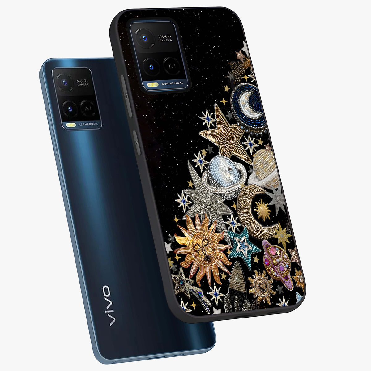 Cosmic Sparkle Dreams Glass Case displayed in angled mockup highlighting dreamy star sparkle design with celestial aesthetic.