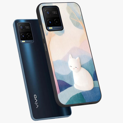 Cotton Dream Cat Glass Case displayed in angled mockup highlighting cute feline illustration with pastel aesthetic style.