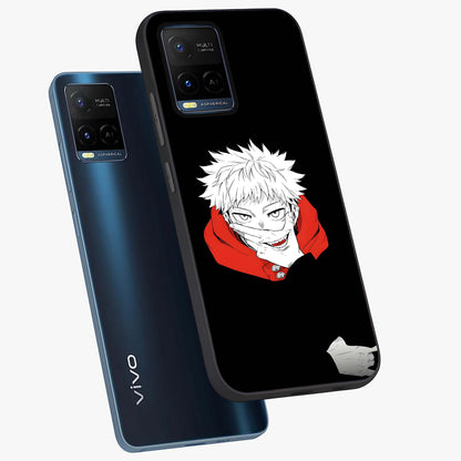 Crimson Chaos Smile Glass Case displayed in angled mockup highlighting edgy crimson smile design with graphic aesthetic.
