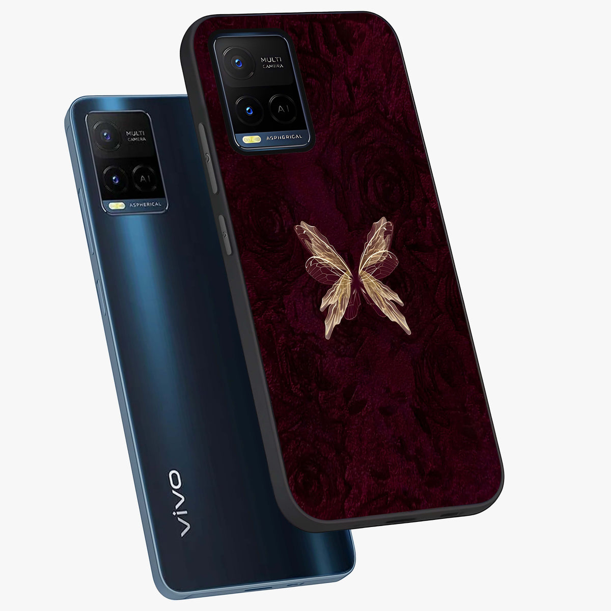 Crimson Fade Butterfly Glass Case displayed in angled mockup highlighting elegant butterfly design with crimson gradient aesthetic.