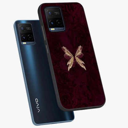 Crimson Fade Butterfly Glass Case displayed in angled mockup highlighting elegant butterfly design with crimson gradient aesthetic.