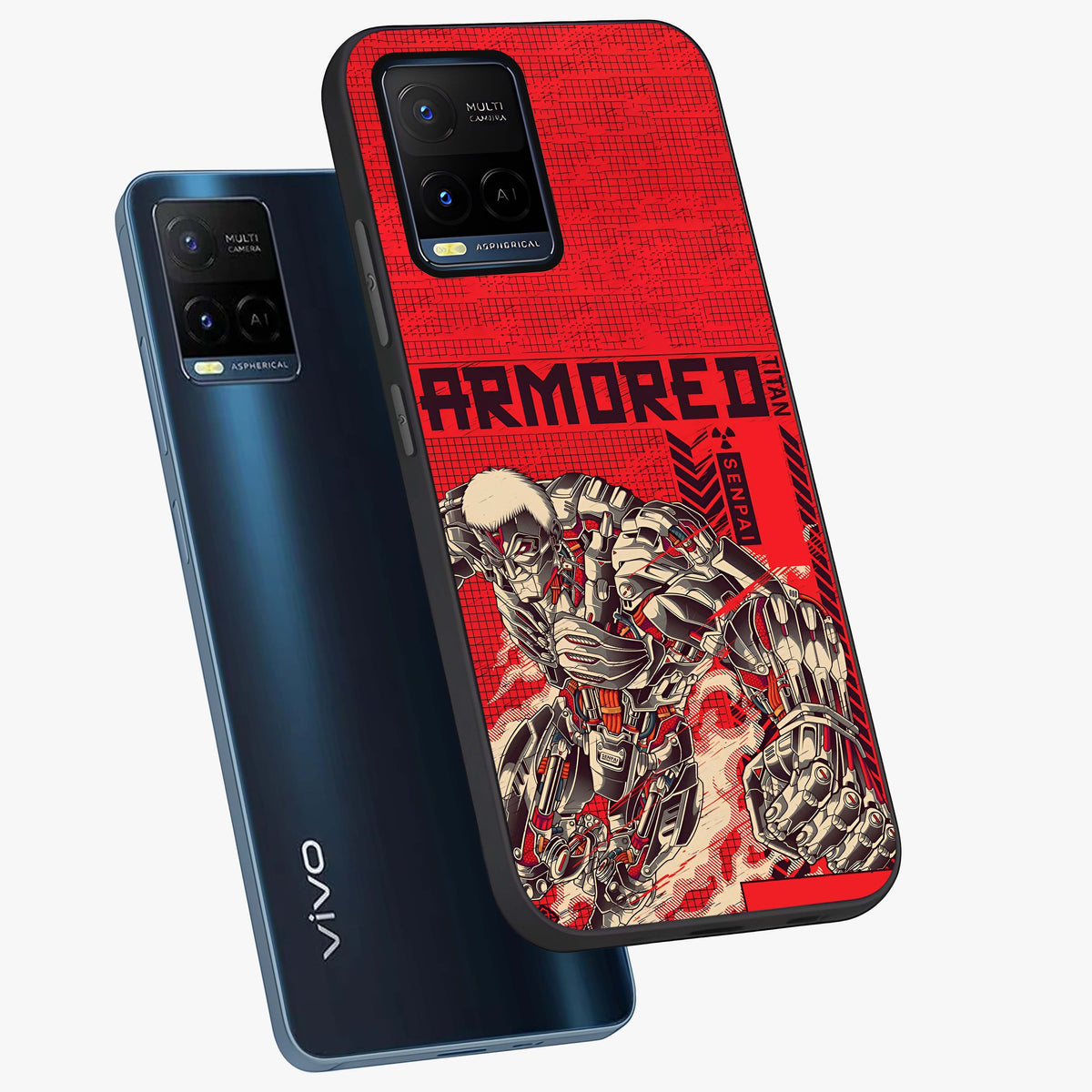Crimson Mecha Titan Glass Case displayed in angled mockup highlighting futuristic mech illustration with bold crimson aesthetic.