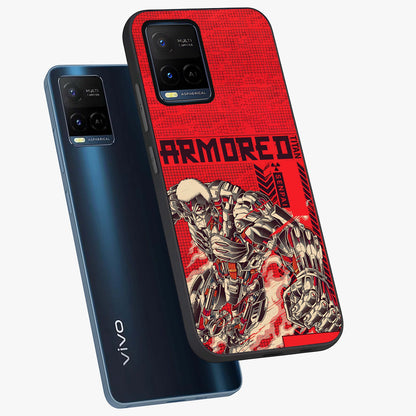 Crimson Mecha Titan Glass Case displayed in angled mockup highlighting futuristic mech illustration with bold crimson aesthetic.