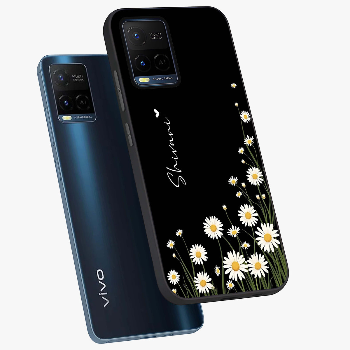 Daisy Cascade Custom Name Glass Case displayed in angled mockup highlighting delicate daisy artwork with custom name feature.