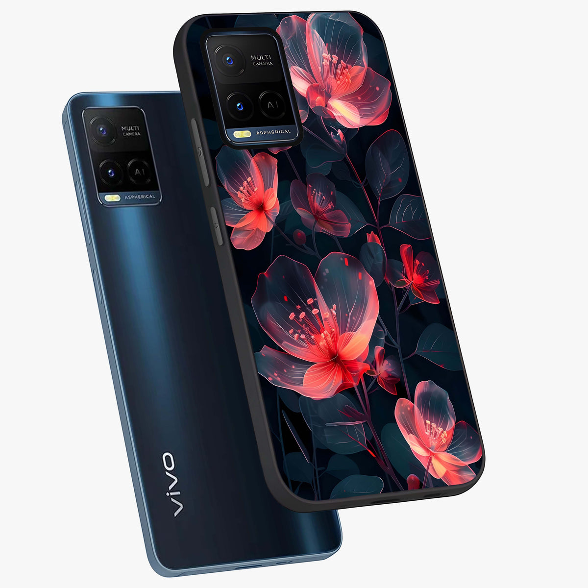 Dark Shade of Flower Glass Case displayed in angled mockup highlighting moody floral illustration with aesthetic dark tones.