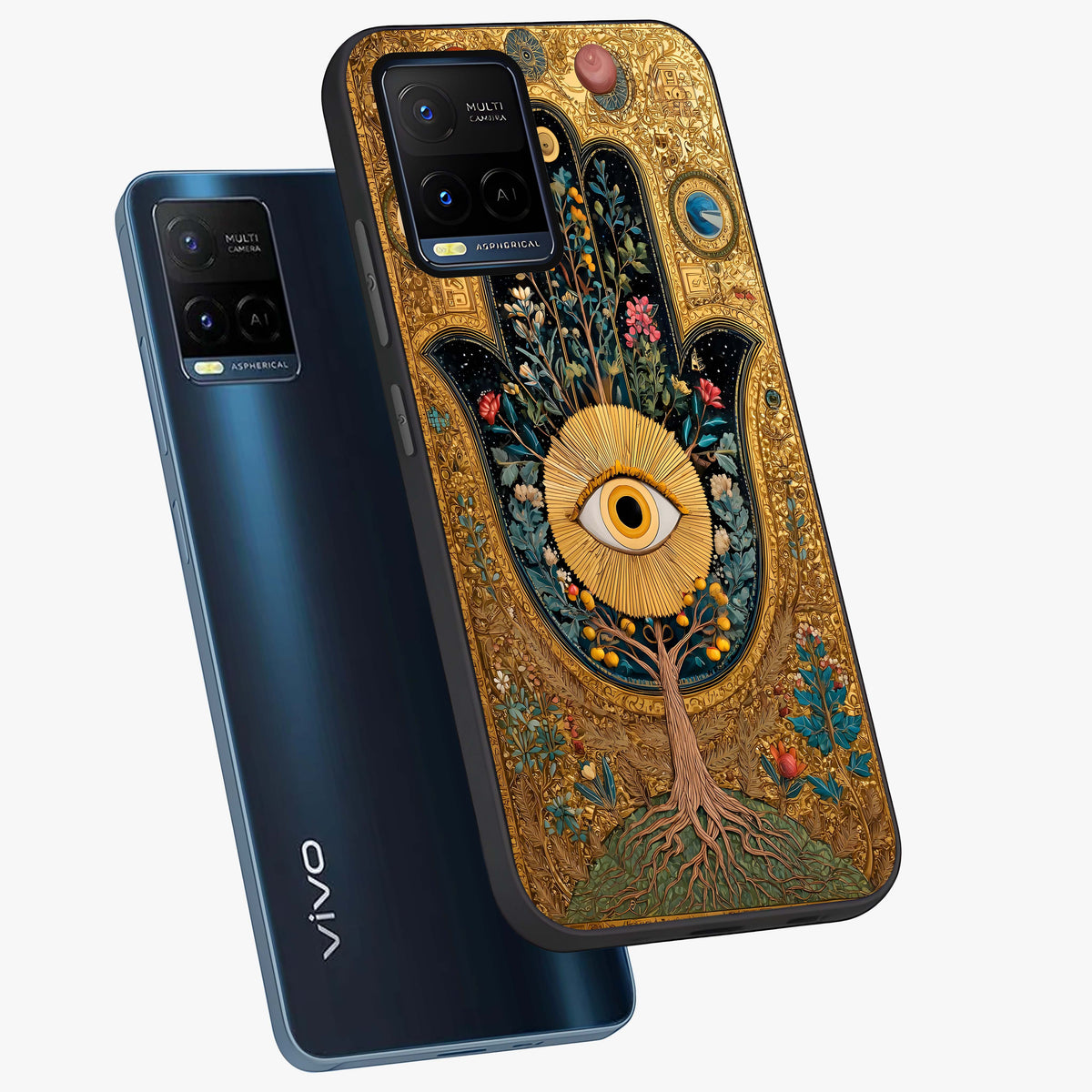 Ethereal Evil Eye Glass Case displayed in angled mockup highlighting protective evil eye symbol with spiritual aesthetic design.
