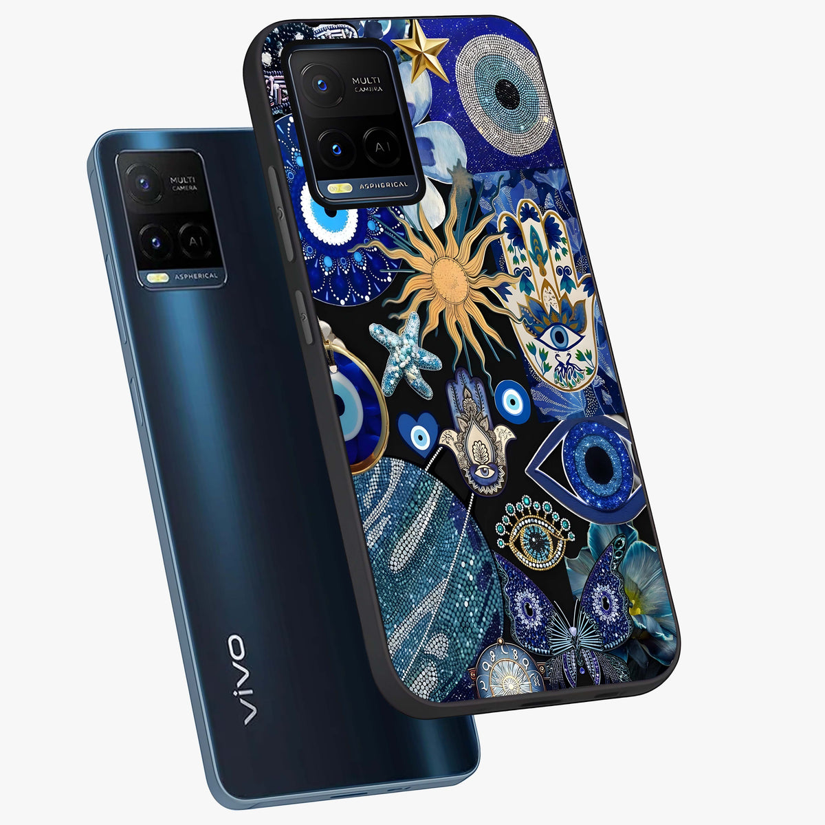 Evil Eye Charm Mix Glass Case displayed in angled mockup highlighting protective evil eye symbols with spiritual aesthetic design.