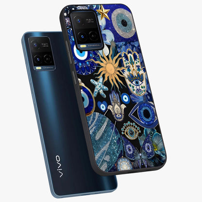 Evil Eye Charm Mix Glass Case displayed in angled mockup highlighting protective evil eye symbols with spiritual aesthetic design.