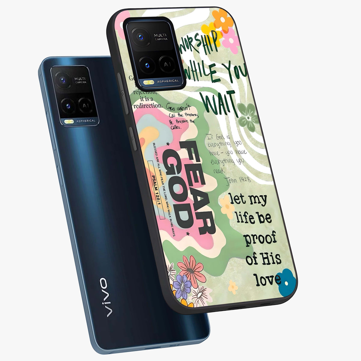 Faith Over Fear Glass Case displayed in angled mockup highlighting inspirational message design with modern aesthetic style.