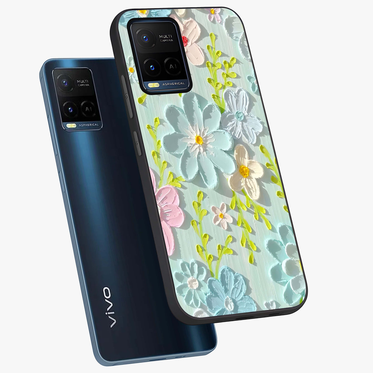 Frosted Petal Garden Glass Case displayed in angled mockup highlighting delicate flower petal design with calm garden aesthetic.