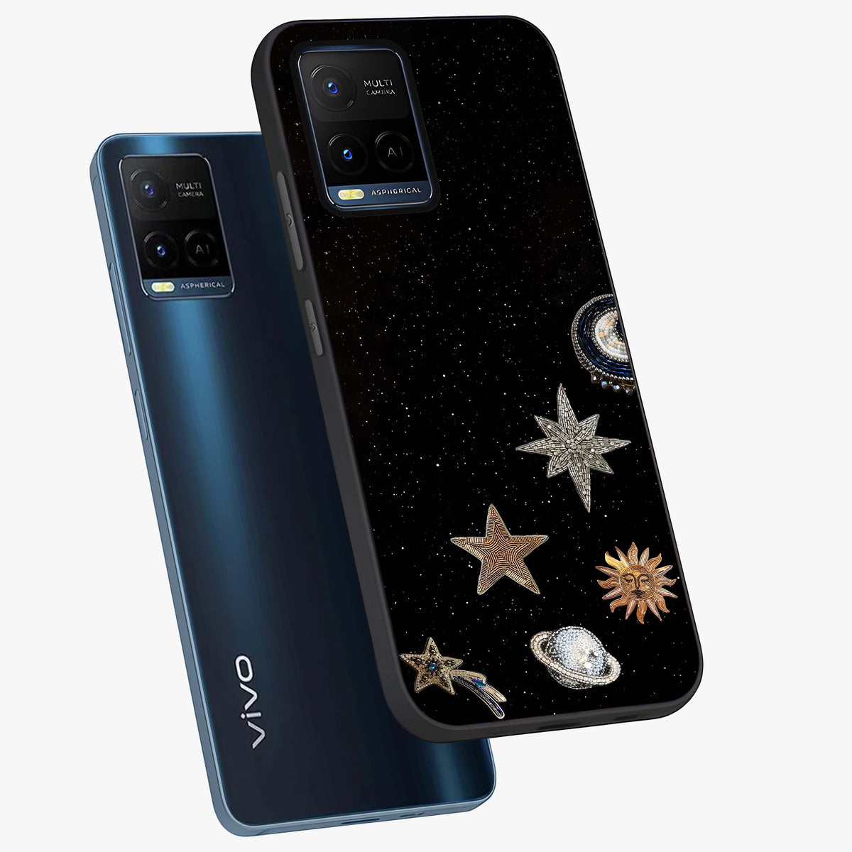Galactic Charm Glow Glass Case displayed in angled mockup highlighting luminous galaxy inspired design with dreamy aesthetic.