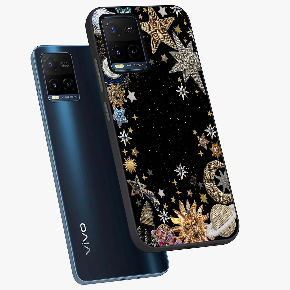 Galactic Jewel Stars Glass Case displayed in angled mockup highlighting shining celestial star design with cosmic aesthetic style.