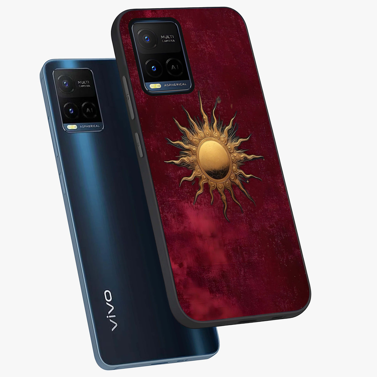 Golden Sun Minimalism Glass Case displayed in angled mockup highlighting clean sun symbol design with modern minimal aesthetic.