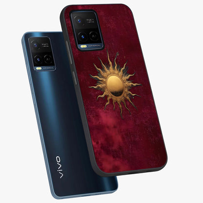 Golden Sun Minimalism Glass Case displayed in angled mockup highlighting clean sun symbol design with modern minimal aesthetic.