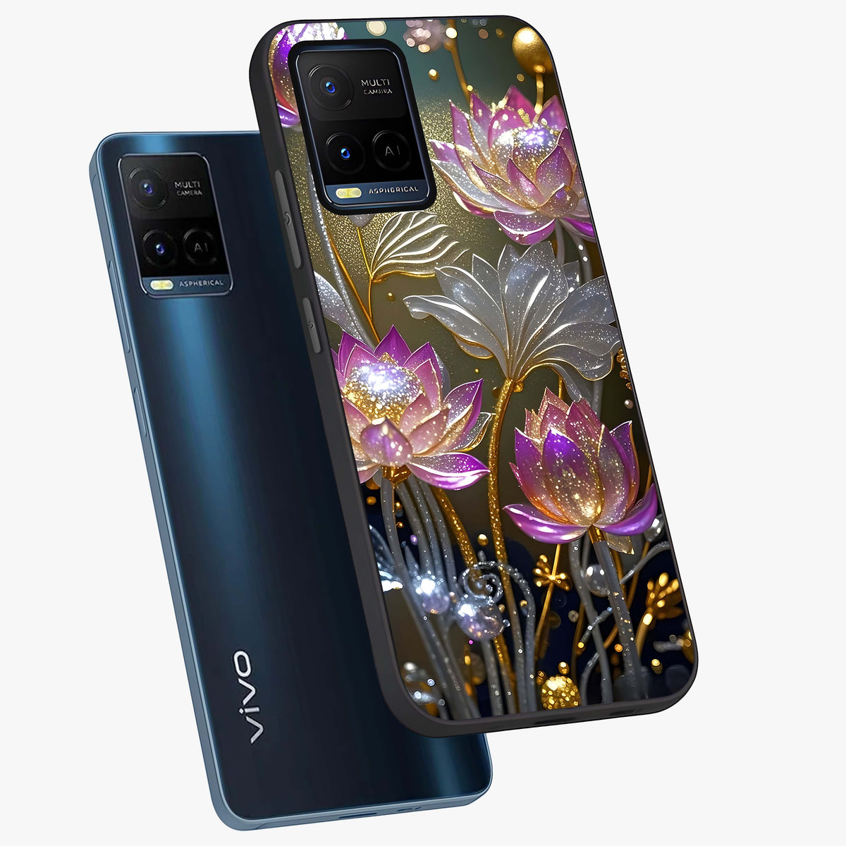Golden Floral Majesty Glass Case displayed in angled mockup highlighting elegant flower design with royal golden aesthetic.