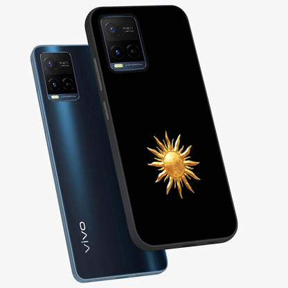 Golden Sun Minimalism Glass Case displayed in angled mockup highlighting eerie shadow illustration with gothic aesthetic.