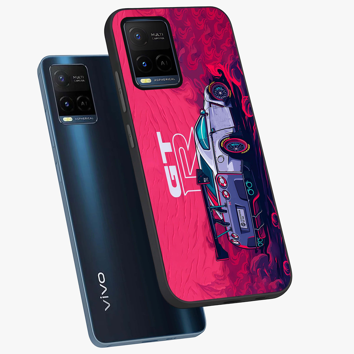GT-R Car Pattern Glass Case displayed in angled mockup highlighting racing car graphic design with bold automotive aesthetic.