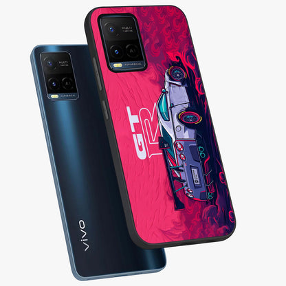 GT-R Car Pattern Glass Case displayed in angled mockup highlighting racing car graphic design with bold automotive aesthetic.
