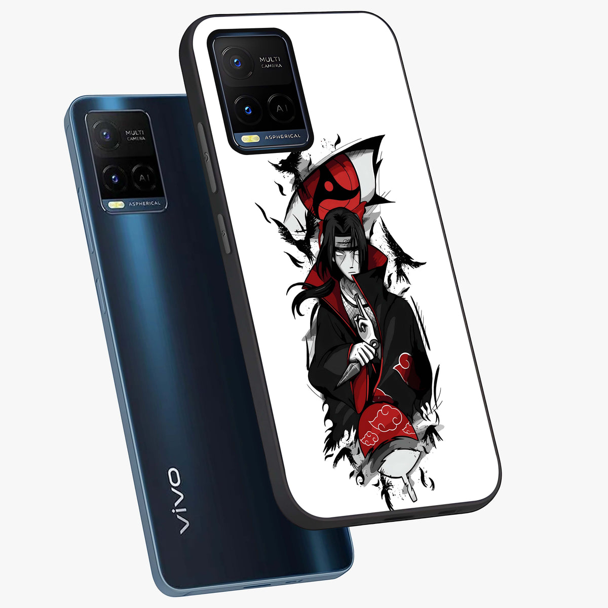 Itachi Limited Edition Naruto Anime Glass Case displayed in angled mockup highlighting dramatic anime illustration with bold action aesthetic.
