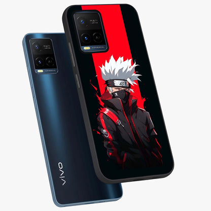 Kakashi Scarlet Shadow Glass Case displayed in angled mockup highlighting dramatic ninja illustration with scarlet themed aesthetic.