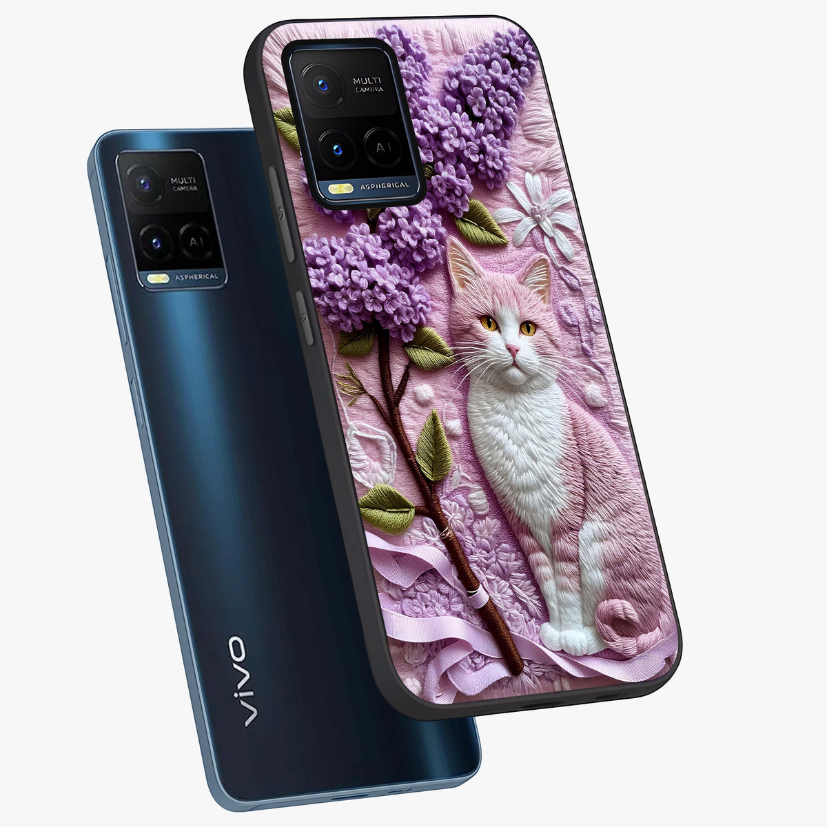 Lavender Cat Whimsy Glass Case displayed in angled mockup highlighting playful feline illustration with pastel lavender aesthetic.