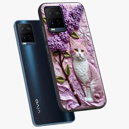 Lavender Cat Whimsy Glass Case displayed in angled mockup highlighting playful feline illustration with pastel lavender aesthetic.