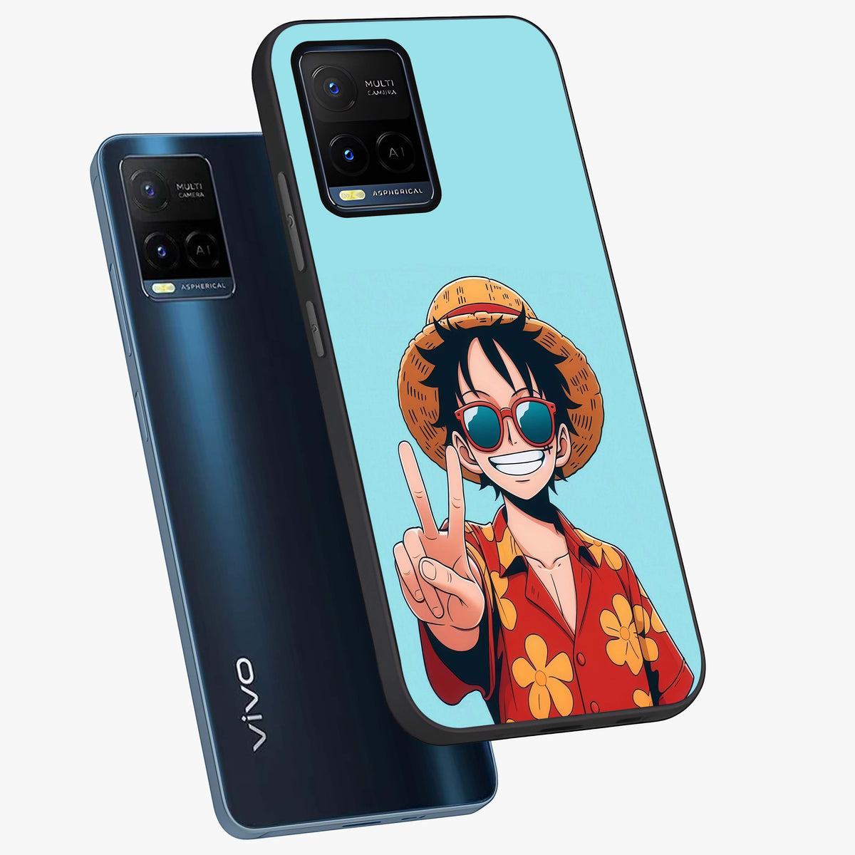 Luffy Summer Anime Vibe Glass Case displayed in angled mockup highlighting energetic anime illustration with summer vibe aesthetic.