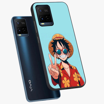Luffy Summer Anime Vibe Glass Case displayed in angled mockup highlighting energetic anime illustration with summer vibe aesthetic.