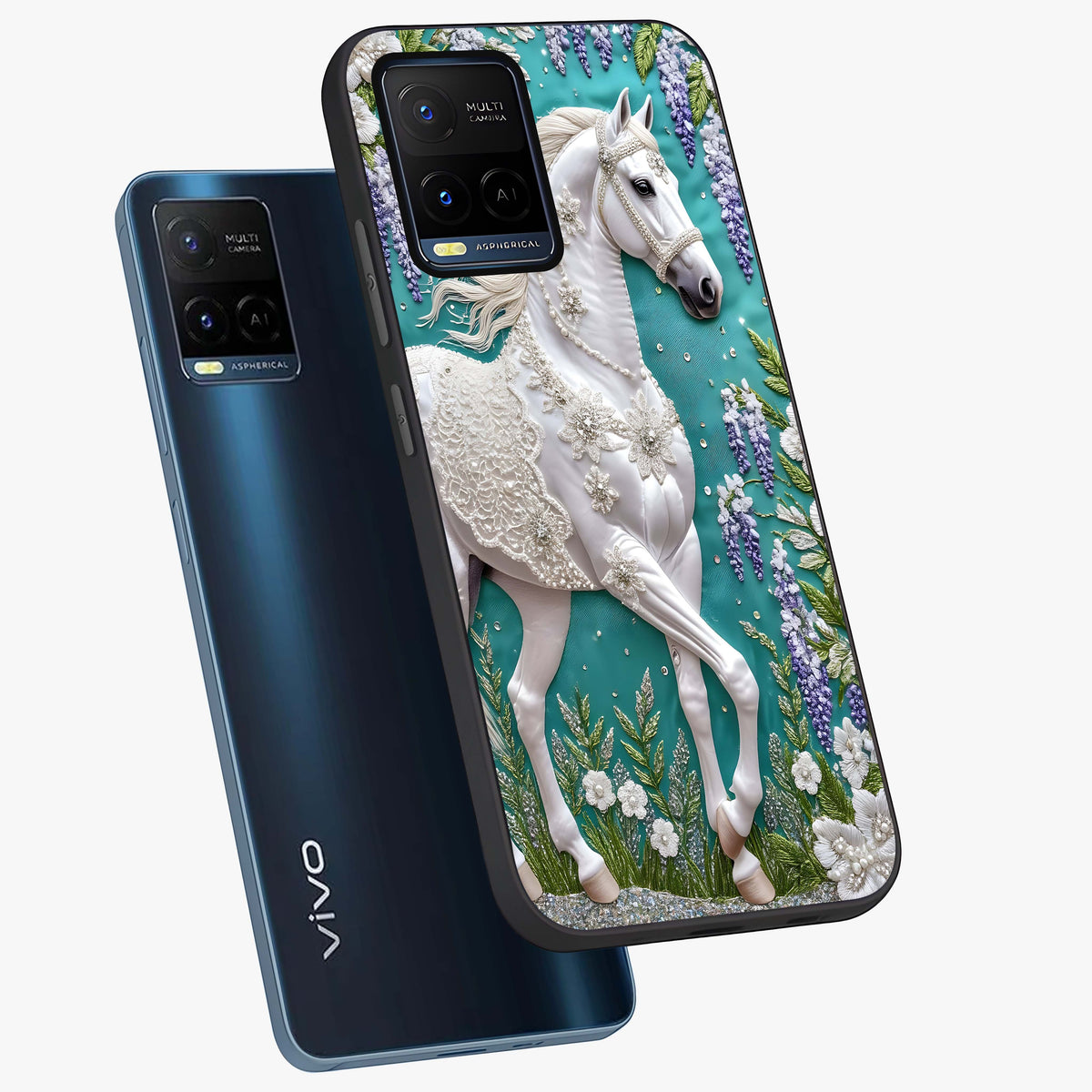 Majestic Floral Stallion Glass Case displayed in angled mockup highlighting majestic stallion illustration with elegant floral aesthetic.