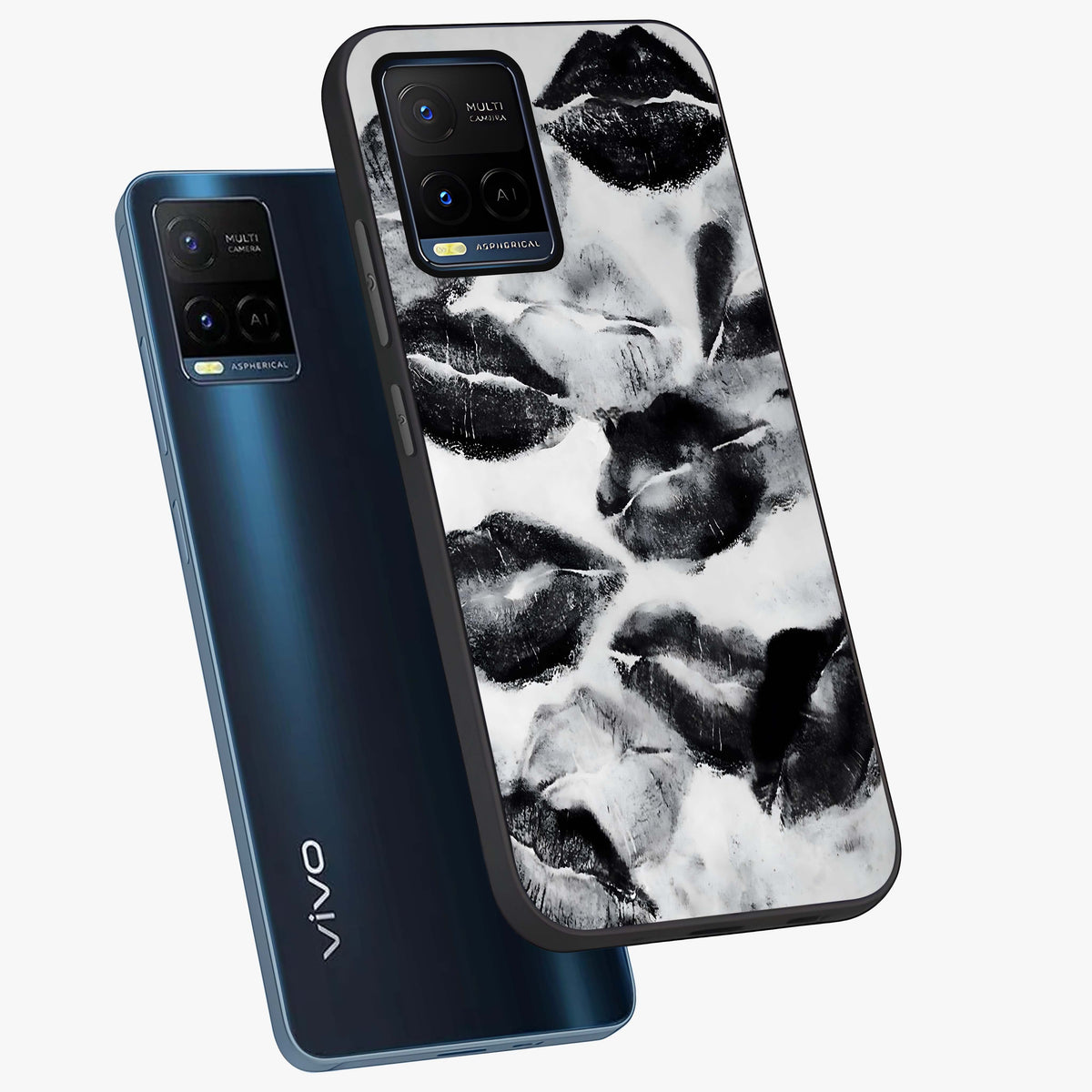Midnight Kiss Marks Glass Case displayed in angled mockup highlighting playful romantic design with bold midnight aesthetic.