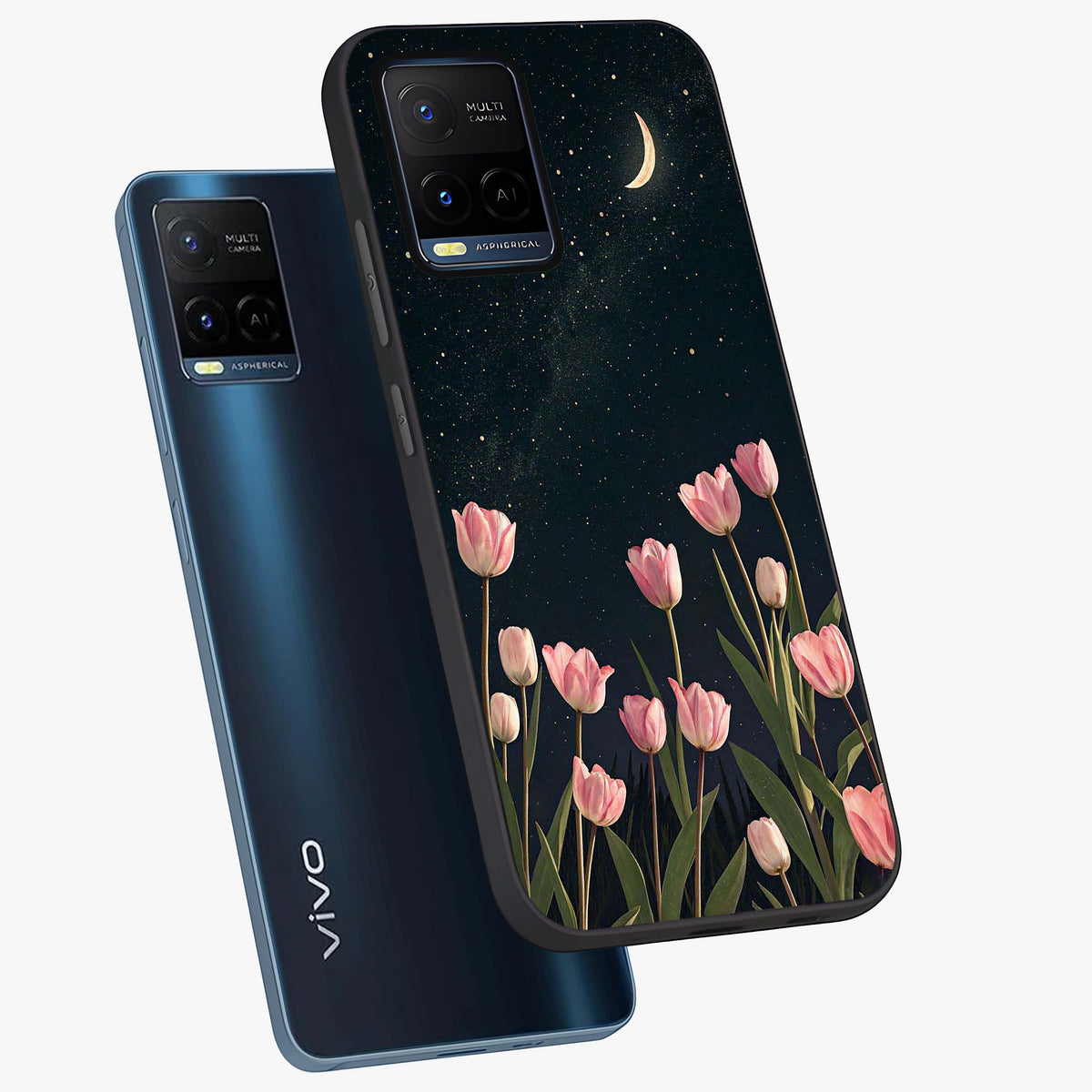 Midnight Tulip Whispers Vibe Glass Case displayed in angled mockup highlighting delicate tulip design with midnight floral aesthetic.