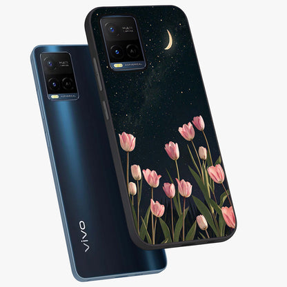 Midnight Tulip Whispers Vibe Glass Case displayed in angled mockup highlighting delicate tulip design with midnight floral aesthetic.