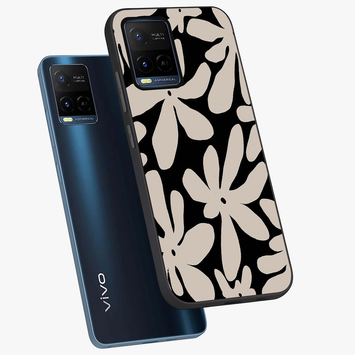 Monochrome Petal Dance Glass Case displayed in angled mockup highlighting elegant petal design with black and white aesthetic.