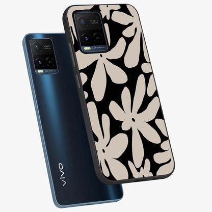 Monochrome Petal Dance Glass Case displayed in angled mockup highlighting elegant petal design with black and white aesthetic.
