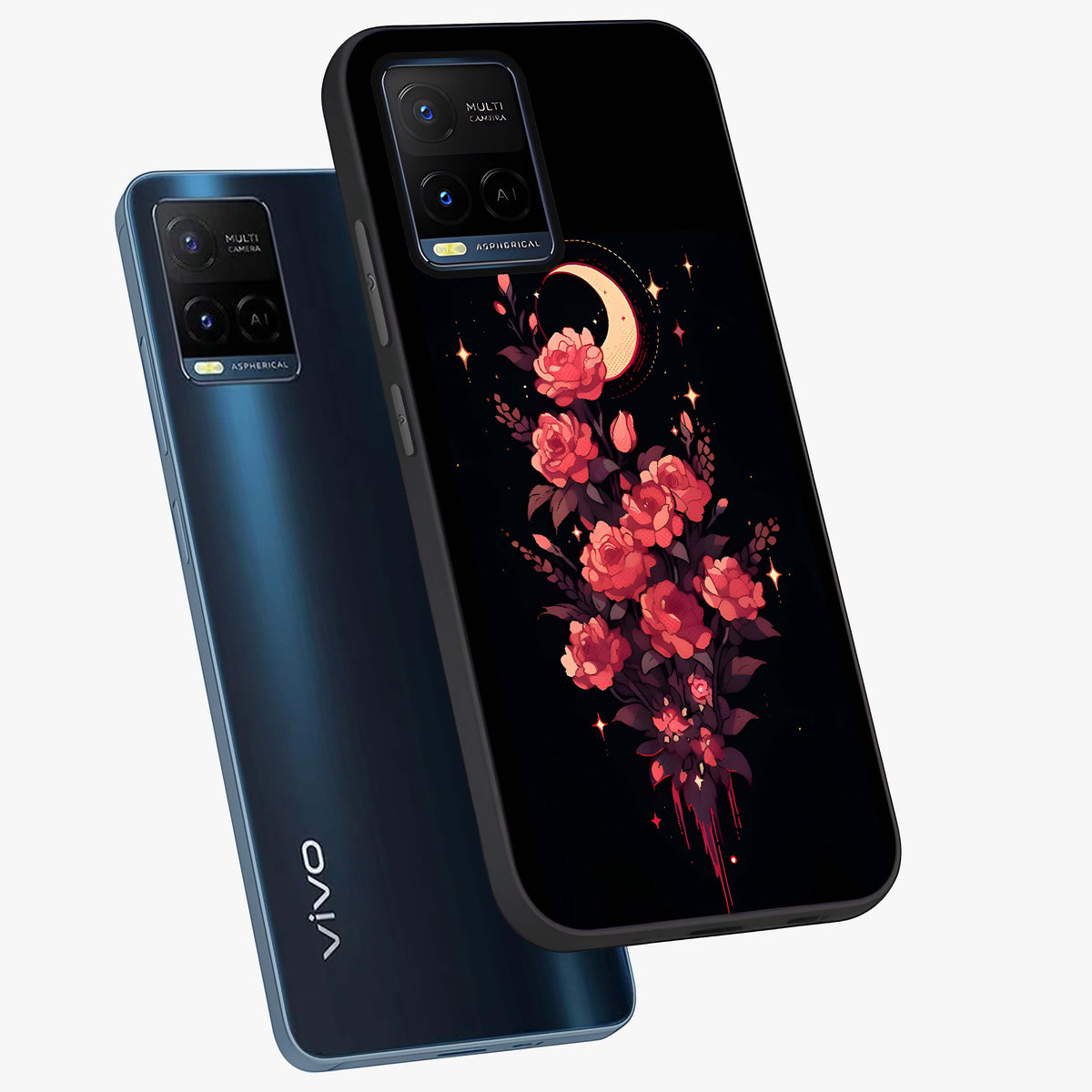 Moonlit Floral Elegance Glass Case displayed in angled mockup highlighting graceful flower design with soft moonlight aesthetic.
