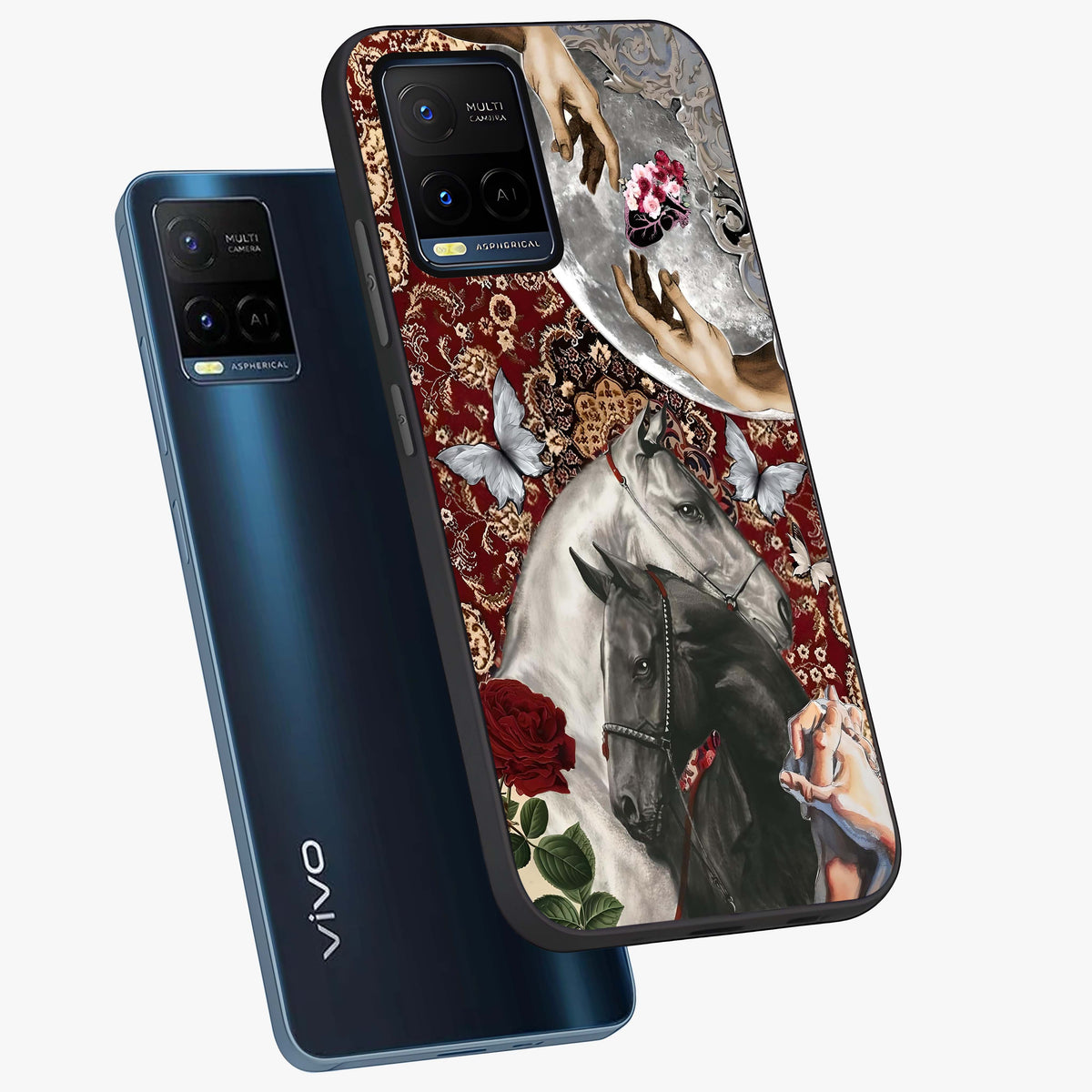 Moonlit Royal Stallion Glass Case displayed in angled mockup highlighting powerful stallion illustration with royal night aesthetic.