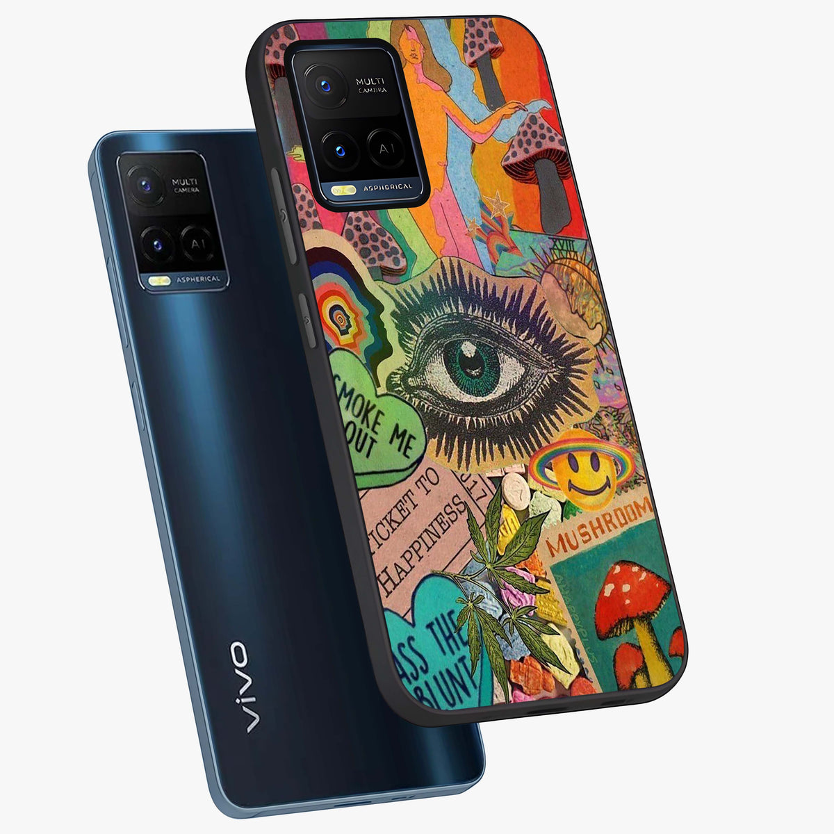 Mystic Eye Wonderland Glass Case displayed in angled mockup highlighting magical eye illustration with dreamy aesthetic.