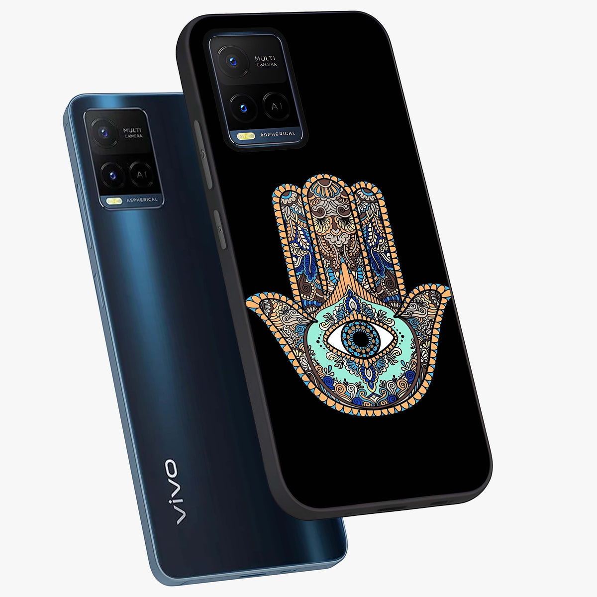 Mystic Hamsa Eye Glass Case displayed in angled mockup highlighting spiritual hamsa symbol with mystical aesthetic style.