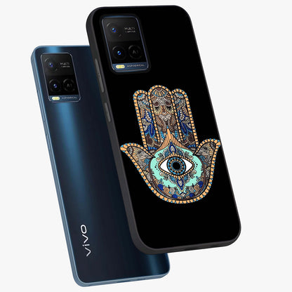 Mystic Hamsa Eye Glass Case displayed in angled mockup highlighting spiritual hamsa symbol with mystical aesthetic style.