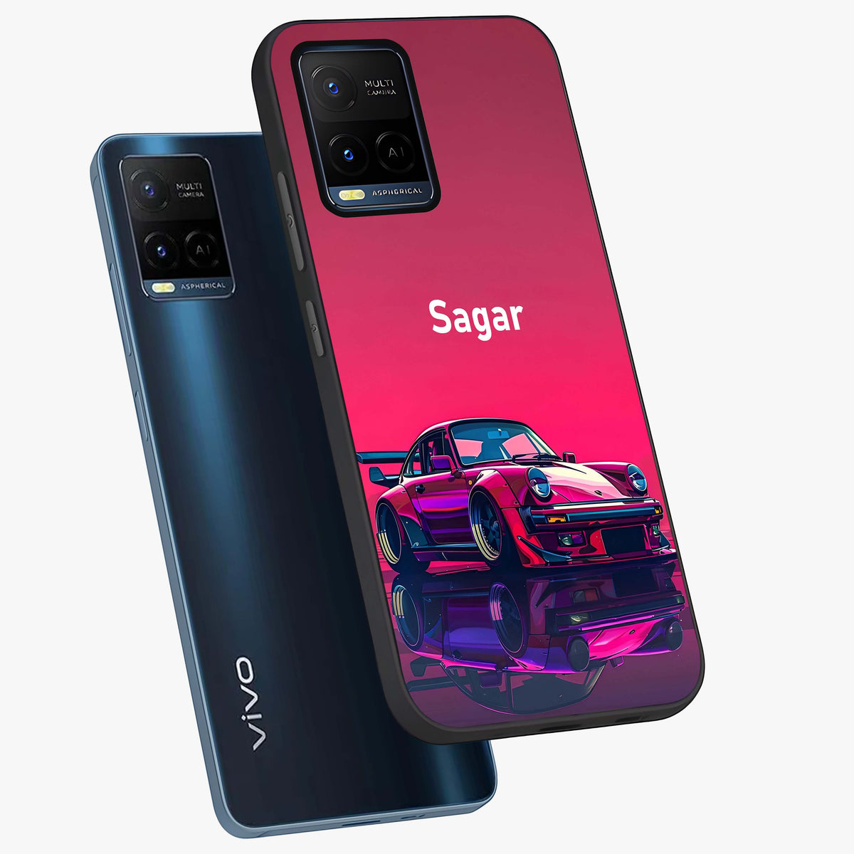 Neon Pink Porsche Glass Case displayed in angled mockup highlighting sleek neon pink car design with racing aesthetic.