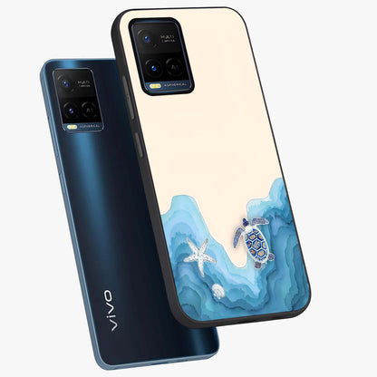 Ocean Drift Turtle Glass Case displayed in angled mockup highlighting peaceful ocean turtle illustration with marine aesthetic.