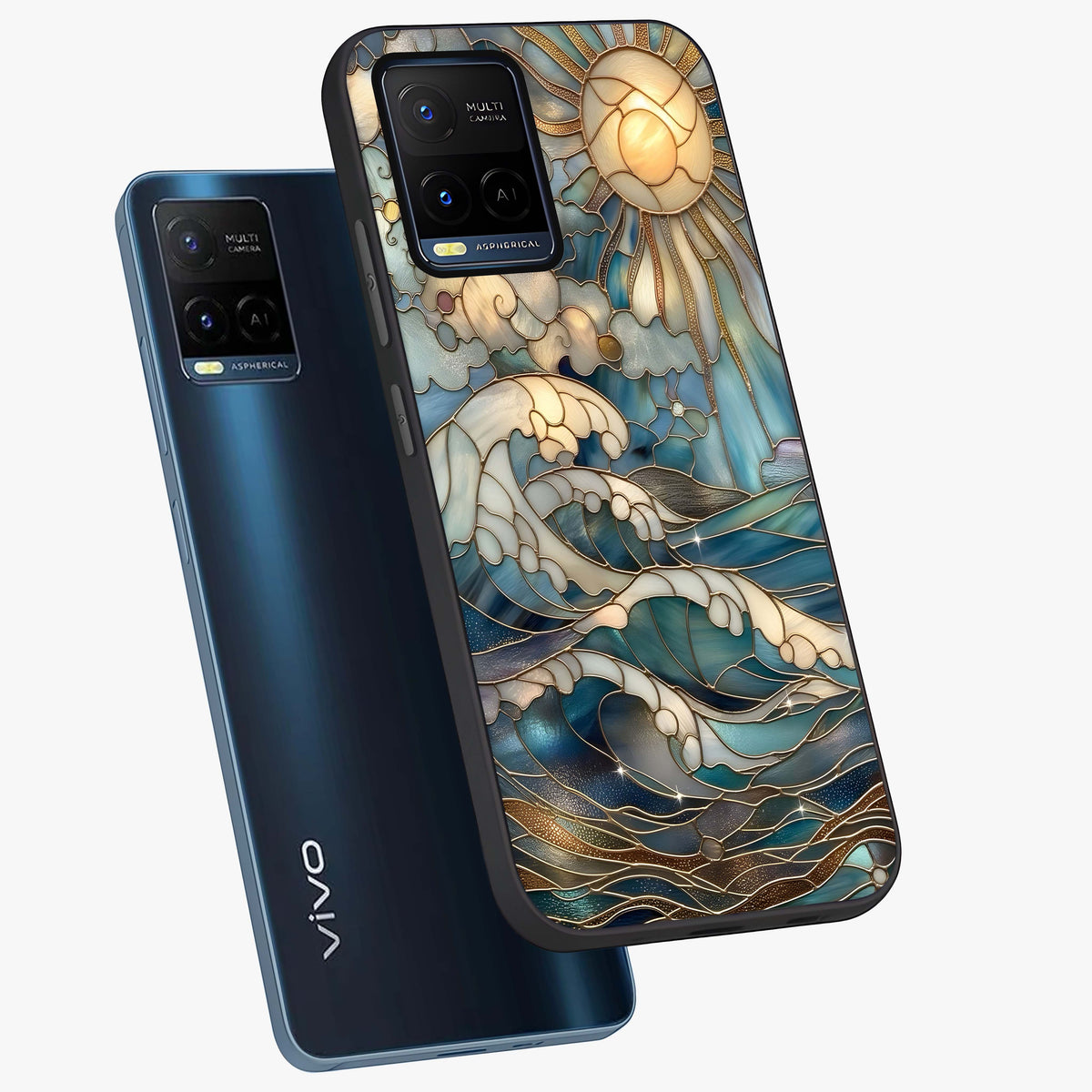 Oceanic Stained Printed Glass Case displayed in angled mockup highlighting colorful aquatic design with artistic aesthetic style.