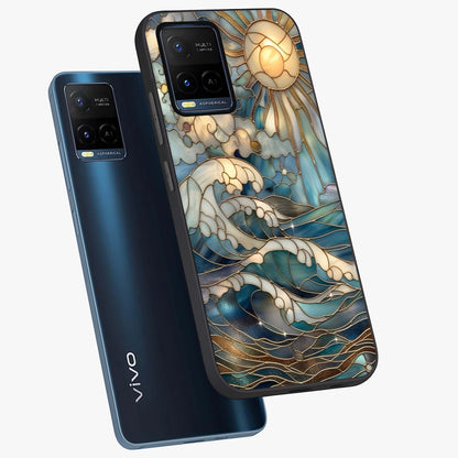 Oceanic Stained Printed Glass Case displayed in angled mockup highlighting colorful aquatic design with artistic aesthetic style.