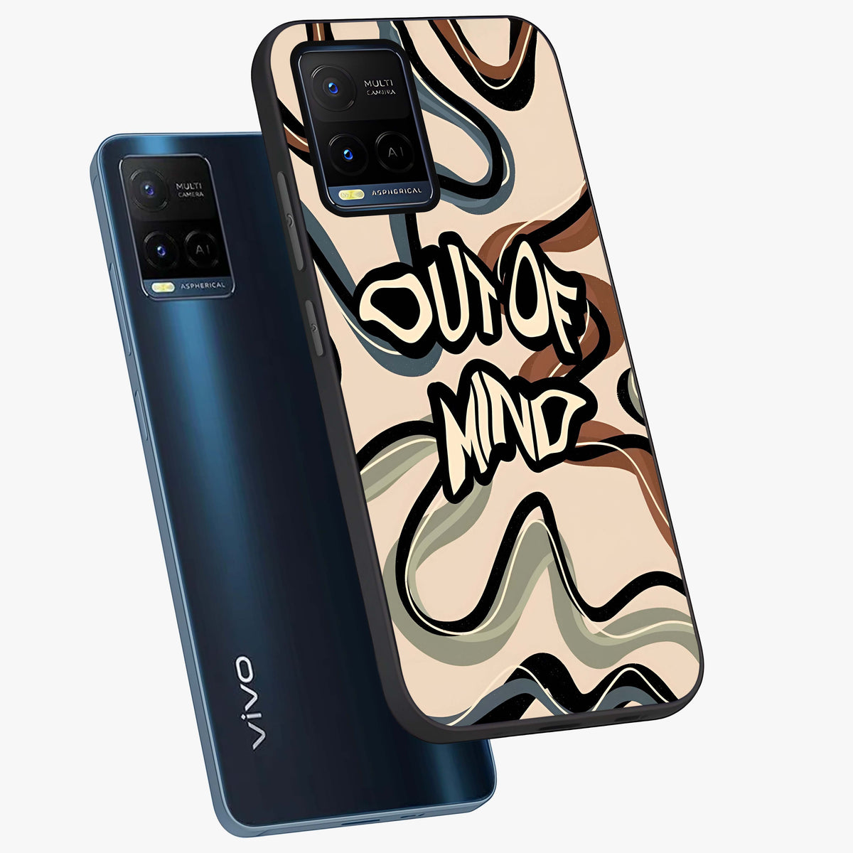 Out Of Mind Glass Case displayed in angled mockup highlighting bold statement design with modern artistic aesthetic.