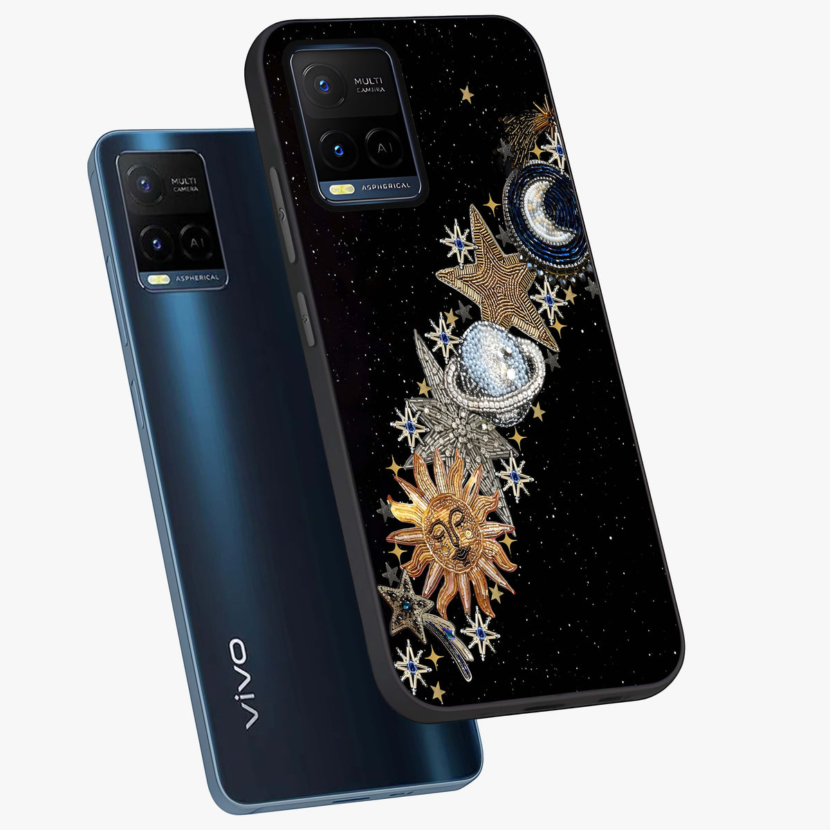 Pearls Universe Object Glass Case displayed in angled mockup highlighting celestial pearl design with dreamy aesthetic.